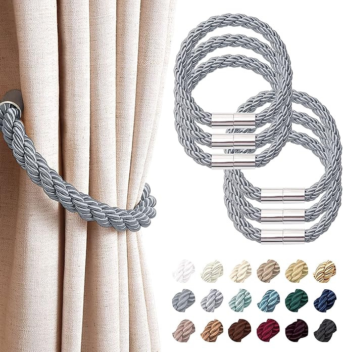 NICEEC 6 Pack Strong Magnetic Curtain Tiebacks Modern Simple Style Drape Tie Backs Convenient Decorative Weave Rope Curtain Holdbacks for Thin or Thick Home & Office Window Draperies (Dark Grey)