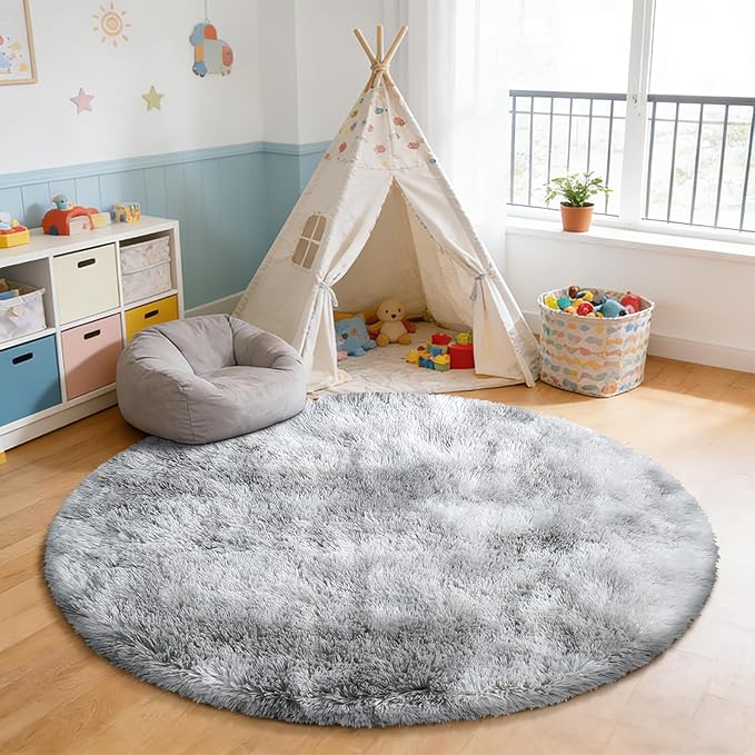 Tie-Dyed Fluffy Round Rug,Soft Area Rugs for Girls Room,Shaggy Rugs 5'X5' for Living Room,Non Slip Circle Rug for Kids Bedroom,Shag Plush Nursery Rug,Plush Carpet for Dorm,Furry Room Decor,Light Grey