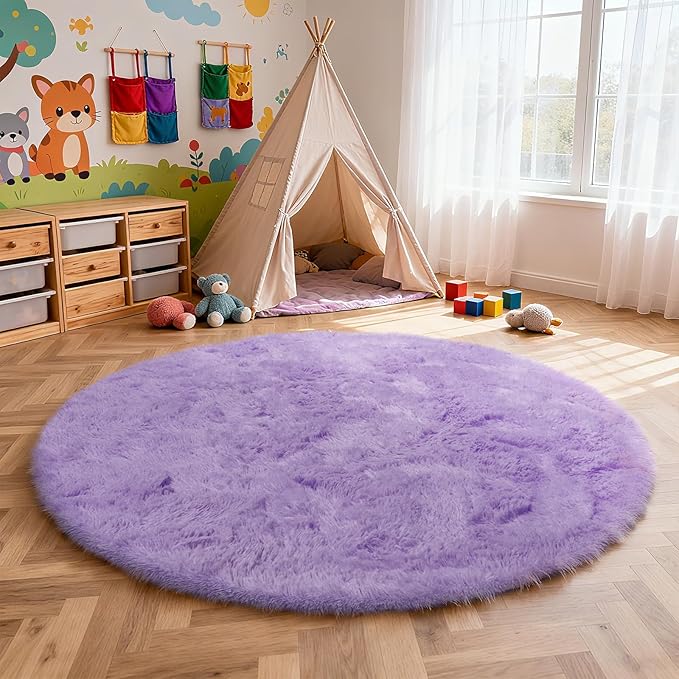 yulidayang Purple Fluffy Round Area Rugs for Bedroom,4'X4'Shag Circle Area Rugs for Girls Room,Non Slip Fuzzy Plush Rug for Kids Room Living Room and Dorm Home Decor Rug