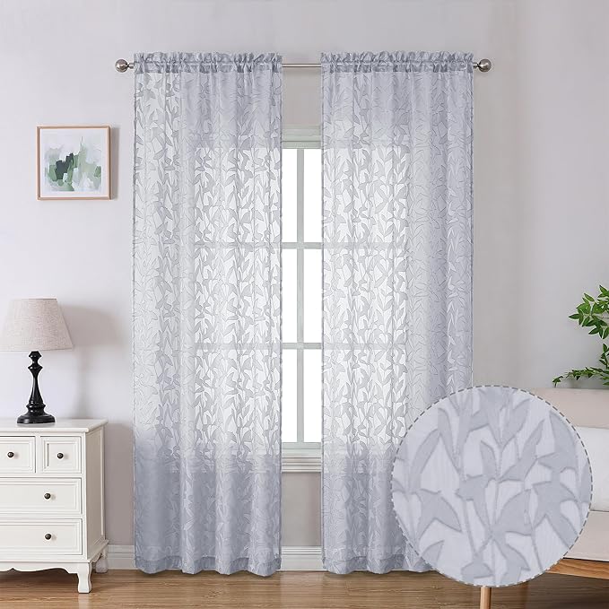 Lecloud Leia Light Grey Sheer Curtains 90 Inches Long 2 Panels, Texture Patio Door/French Door Curtain Dual Rod Pockets, Farmhouse Leaf Living Room Bedroom Drapes Window Treatments, 40 W x 90 L