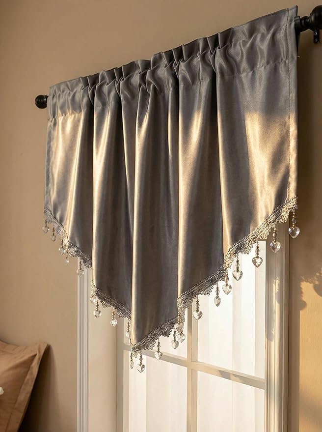 Molaxhome Swag Curtain 51 inch Length Rod Pocket Scalloped Curtain Valance Sheer Lace Panels with Hanging Crystal Beads for Kitchen Bedroom Window Treatments Drape Decor 1pc (Cloth Grey, 51Wx23L)