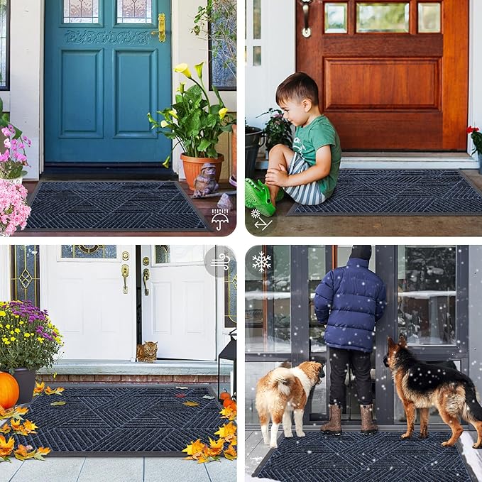 Smiry Front Door Mat Outside Entrance, Heavy Duty Sturdy Natural Rubber Doormat, Trap Dirt and Moisture, Easy Clean Low Profile Mats for Indoor Outdoor Entry, Irregular Triangle (71x47, Navy Blue)