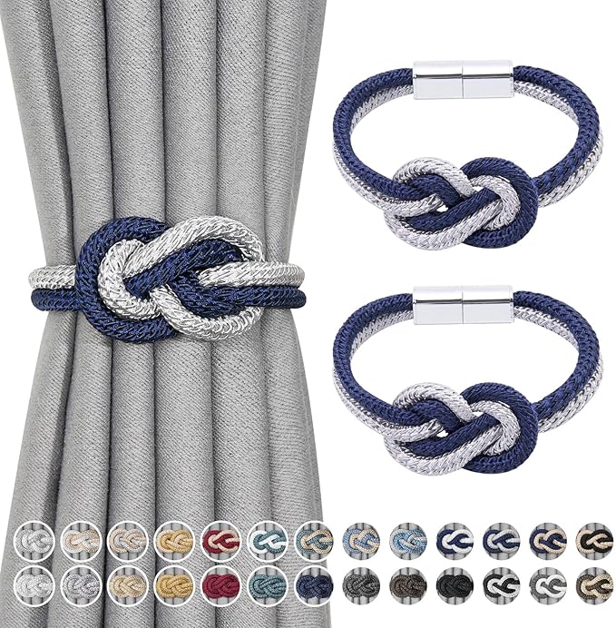 NICEEC 2 Pack Mini Magnetic Curtain Tiebacks Nordic Simple Style Drape Tie Backs Elegant Hand Weave Rope Knot Decorative Curtain Holdbacks for Home & Office Thin Window Drapery (Dark Blue & Grey)