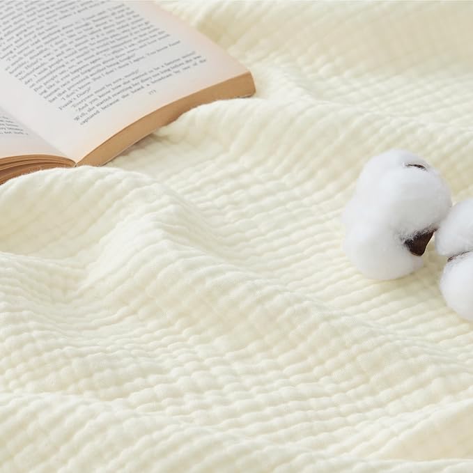 Bedsure 100% Cotton Muslin Blanket Queen Size for Bed - 4-Layer Breathable and Lightweight Thin Soft Summer Gauze Muslin Blankets for Adults, Cream, 90x90 Inches
