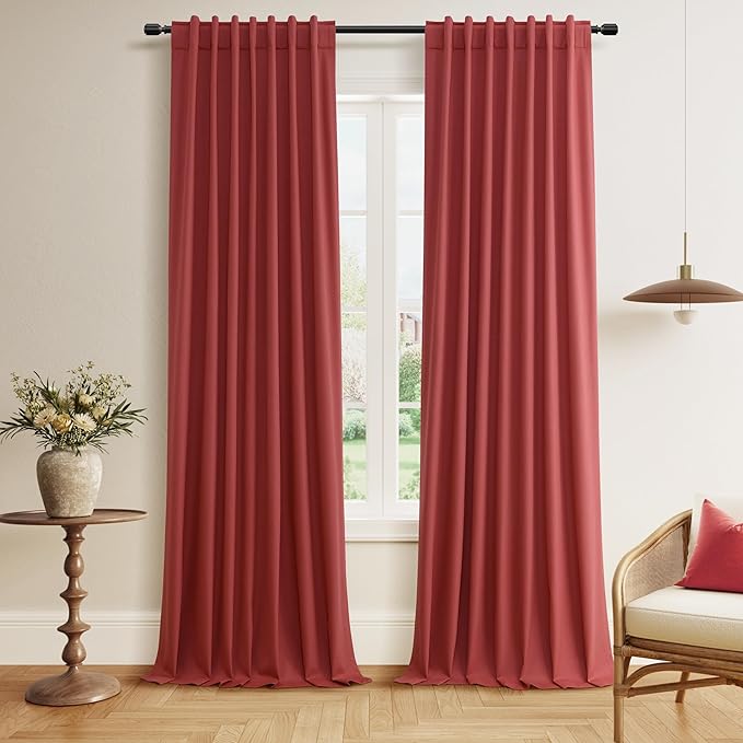 Guken Red 100% Blackout Linen Curtains 102 Inch Length 2 Panels Set for Living Room Bedroom Back Tab Thermal Insulated Black Out Drapes Room Darkening Farmhouse Window Curtains 102 Inches Long