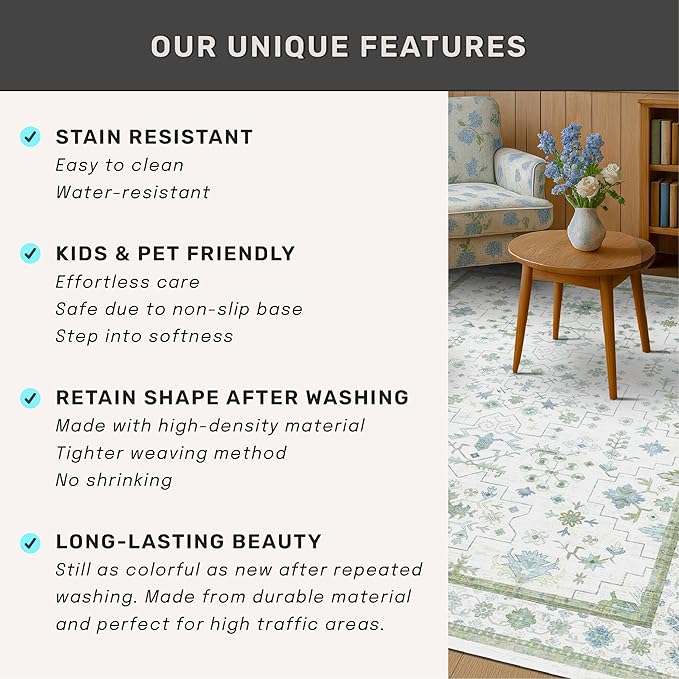 Hazo Haus Oushak 3x10 Wide Hallway Runner Rug - Vintage Turkish Floral, Washable Low Pile Non Slip 10ft Long Runners for Kitchen, Hall Way - Light Blue and Green