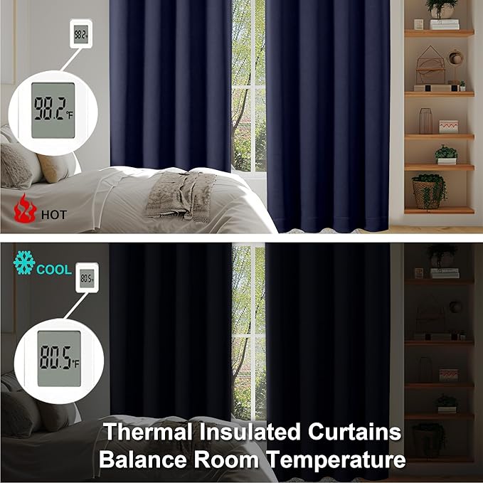 Simplebrand Ava Navy Blue Blackout Curtains for Bedroom 63 Inch Length 2 Panels Set, Solid Thermal Insulated Privacy Living Room Window Treatment Curtains Blackout Drapes, W50 x L63 Inch