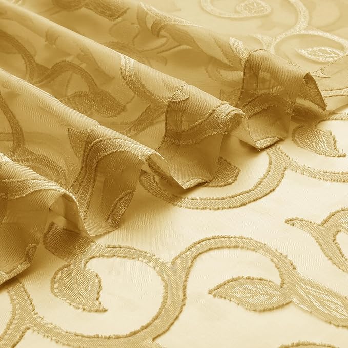 OWENIE Furman Gold Sheer Curtains 63 inch Length for Bedroom Living Room 2 Panels Set, Jacquard Clip Textured Semi Sheer Curtains, Light Filtering Rod Pocket Farmhouse Window Treatments, 40Wx63L inch