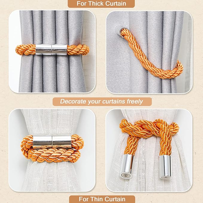 NICEEC 6 Pack Strong Magnetic Curtain Tiebacks Modern Simple Style Drape Tie Backs Convenient Decorative Weave Rope Curtain Holdbacks for Thin or Thick Home & Office Window Draperies (Orange)