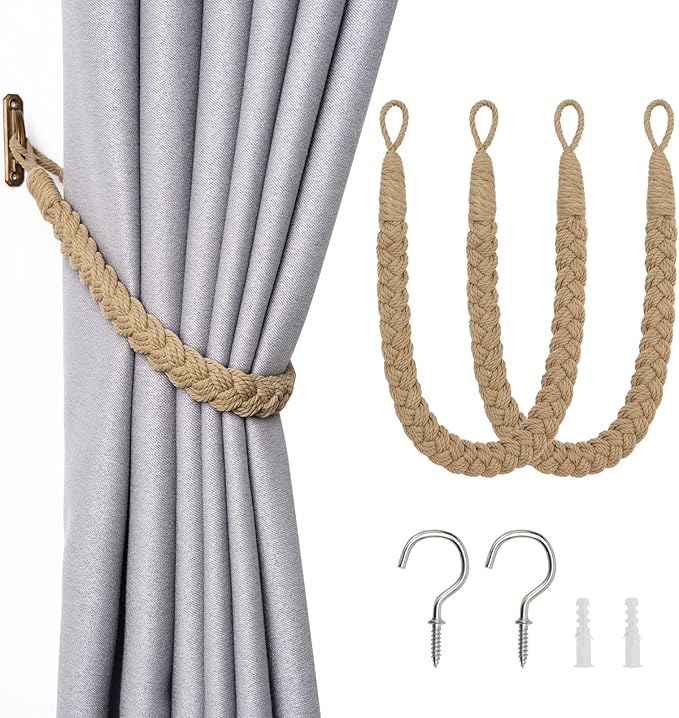 NICEEC 2 Pack Natural Cotton Rope Curtain Tiebacks Elegant Boho Style Decorative Drape Tie Backs Soft Hand-Woven Rope Curtain Holdbacks with Metal Hook for Home & Office Drapery (Khaki)