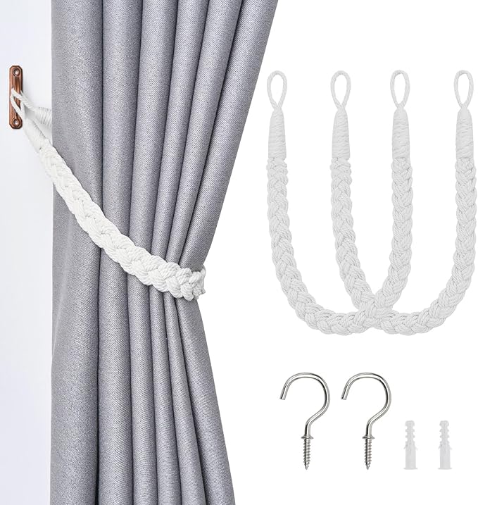 NICEEC 2 Pack Natural Cotton Rope Curtain Tiebacks Elegant Boho Style Decorative Drape Tie Backs Soft Hand-Woven Rope Curtain Holdbacks with Metal Hook for Home & Office Drapery (White)