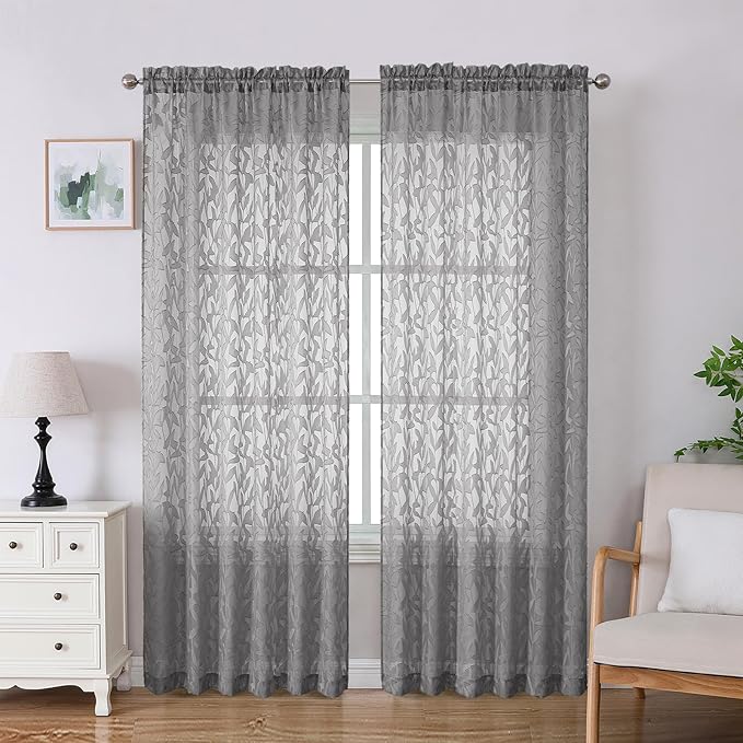 Lecloud Leia Charcoal Grey Sheer Curtains 84 Inches Long 2 Panels, Airy Leaf Textured Jacquard Drapes, Light Filtering & Privacy Rod Pocket Window Curtains for Living Room Bedroom, 52" W x 84" L