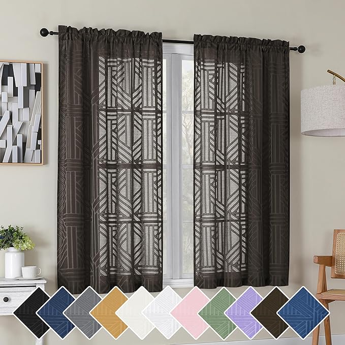 Simplebrand Chocolate Semi Sheer Curtains 45 Inch Length 2 Panels, Geometric Jacquard Clip Textured Short Sheer Curtains for Bedroom，Modern Elegant Window Curtains Drapes/Treatment Sheer，42x45 inch