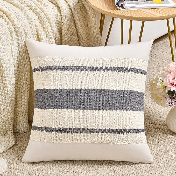 Fancy Homi Set of 1 Neutral Grey Farmhouse Decorative Throw Pillow Covers 16x16 Inch for Couch Bed Chair Indoors, Vintage Country Rustic Retro Room Decor, Soft Thick Cotton Handmade Woven Cushion Case