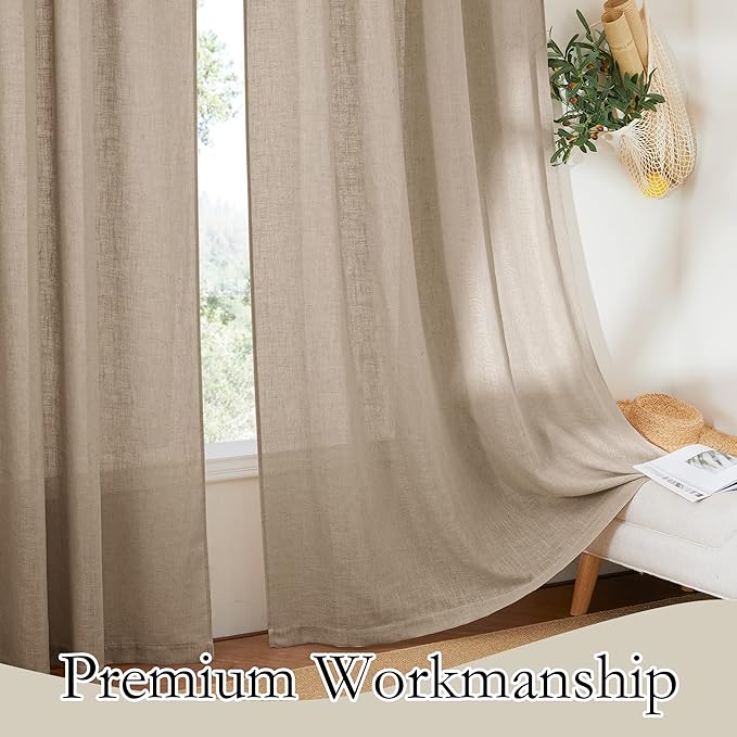 RYB HOME Semi Sheer Linen Blend Curtains - Back Tab 70 inches Widith Light Filtering Half Privacy Home Decor for Long Windows Living Room Bedroom Nursery, W 70 x L 84 inch, 2 Pcs, Khaki