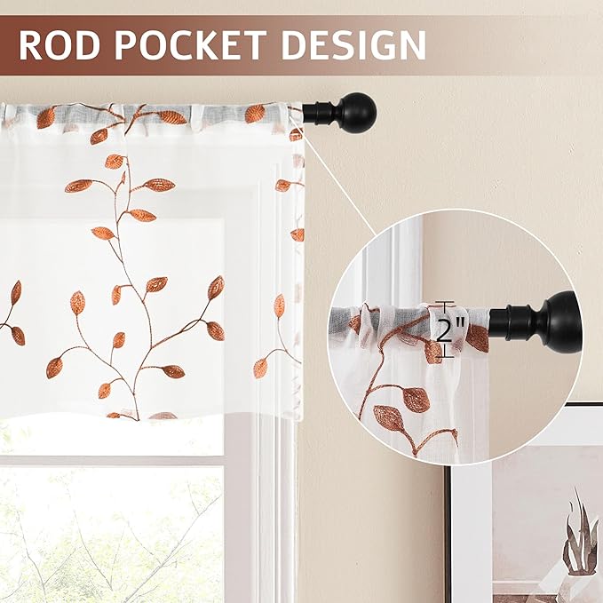 MRTREES Sheer Christmas Curtain Valance, Autumn Leaves Embroidered Valances Curtains Rod Pocket, 54x16 Inches Short Window Treatment for Living Room Kitchen Festival Decor(1 Panel, Terracotta Leaves)
