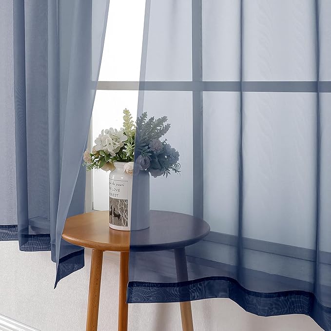 Lecloud Navy Blue Sheer Curtains 63 Inch Long 2 Panels, Elegant Voile Drapes for Dinning Small Windows, Light Filtering Voile Curtain for Living Room Bedroom Bathroom, Dual Rod Pocket, 40" Wx63 L