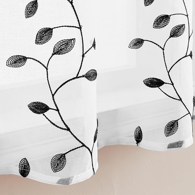 MRTREES Sheer Curtain Valance 2 Panels, Rod Pocket Voile Leaves Embroidered Christmas Valance for Windows, Small Sheer Kitchen Curtain Valance for Kitchen/Basement/Bathroom(54"x16", Black Leaves)