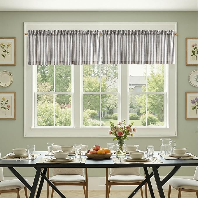 jinchan Linen Stripe Curtain Valance for Windows 16 Inch Light Filtering for Kitchen Living Room Bathroom Rustic Cottage Farmhouse Window Treatment Rod Pocket Design 1 Panel Black on Linen