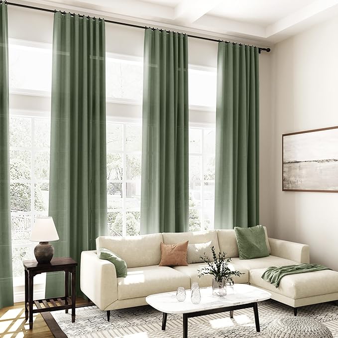 Olive Green Linen Curtains 96 Inches Long for Living Room Rod Back Tab Vintage Rustic Farmhouse Light Filtering Curtain Burlap Textured Linen Drapes 96 Inch Length for Dinning Room Bedroom 52x96
