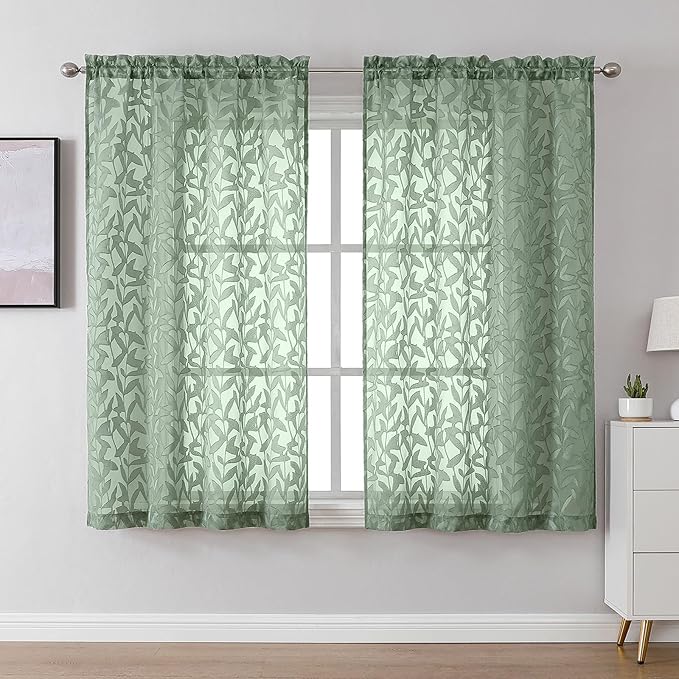 Lecloud Leia Sage Green Sheer Curtains 54 Inch Length 2 Panels, Voile Light Filtering Privacy Jacquard Leaf Textured Curtains, Dual Rod Pockets Drapes for Living Room Bedroom, Each 42" W x 54" L