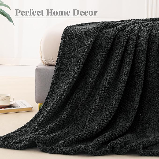 Whale Flotilla Queen Size Fuzzy Fleece Blanket for Bed, 90x90 Inch Fluffy Warm Soft Jacquard Blankets for All Season, Lightweight and Cozy, Black
