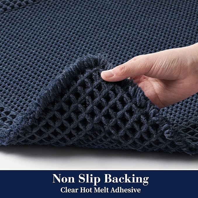 RESARE Waffle Bathroom Runner Rugs, Super Absorbent Bath Mat Non Slip Washable Quick Dry, Upgraded Ultra Soft Boho Bath Rugs with Tassels for Hallway Bedroom Laundry Room, 2'x5'(24"x60"), Navy