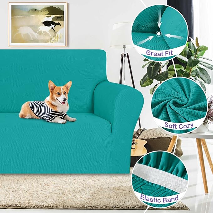 ZNSAYOTX Oversized Super Stretch Couch Cover (92"-115"), New Striped Sofa Covers Comfortable & Durable, Dog Cat Pets Friendly Extra Large Spandex Sofa Slipcovers (Peacock Teal, XL Sofa)