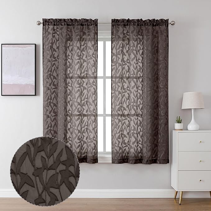 Lecloud Leia Clip Textured Leaf Chocolate Brown Sheer Curtain 63 Inch Length 2 Panels, Light Filtering Jacquard Voile Curtain with Dual Rod Pockets, Kitchen/Bedroom Window Drapes, 38x63 Inches