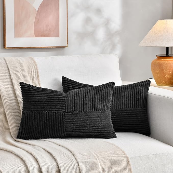 Fancy Homi 2 Packs Black Long Lumbar Decorative Throw Pillow Covers 12x24 Inch for Couch Bed Sofa, Rustic Farmhouse Boho Home Decor, Soft Striped Corduroy Rectangle Accent Cushion Case 30x60 cm
