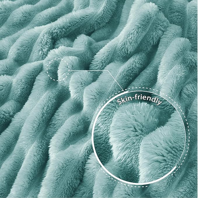 Exclusivo Mezcla Queen Size Flannel Fleece Blanket, Super Soft Striped Jacquard Bed Blanket, Lightweight Fuzzy Cozy for All Seasons, 90x90 Inches, Celadon