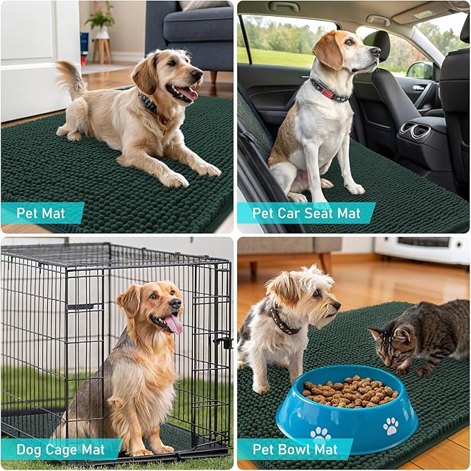 OLANLY Dog Door Mat for Muddy Paws 59x32, Absorbs Moisture and Dirt, Absorbent Non-Slip Washable Doormat, Quick Dry Chenille Mud Mat, Entry Indoor Entryway Carpet for Inside Floor, Blackish Green
