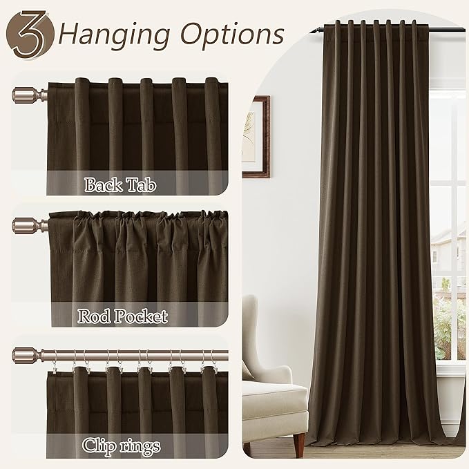 Guken 100% Blackout Curtains 108 Inch Length 2 Panels Set for Living Room Bedroom Back Tab Thermal Insulated Black Out Linen Drapes Room Darkening Chocolate,52x108