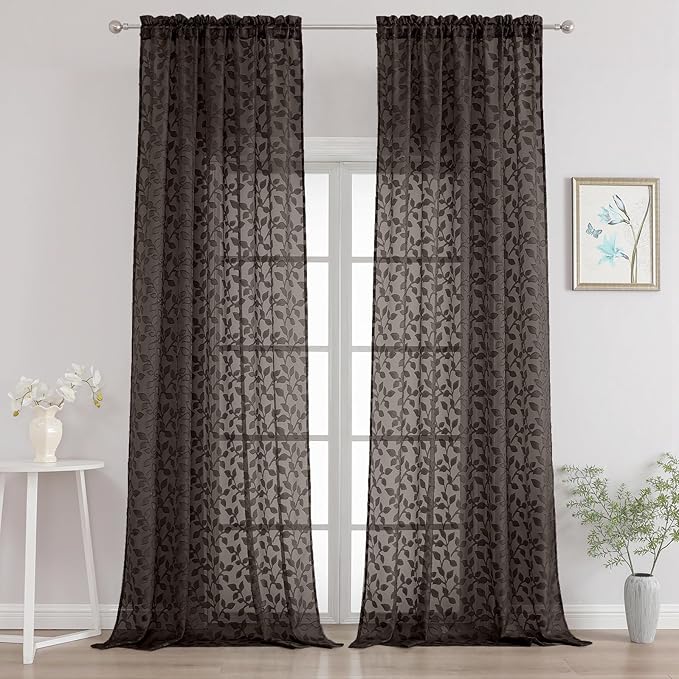 Chyhomenyc Extra Long Chocolate Sheer Curtains 120 Inch Length 2 Panels Set, Light Filtering Tufted Textured Soft Airy Rod Pocket Gentle Leaf Window Treatment Drapes for Living Room, 52"Wx120"L, 2PCS