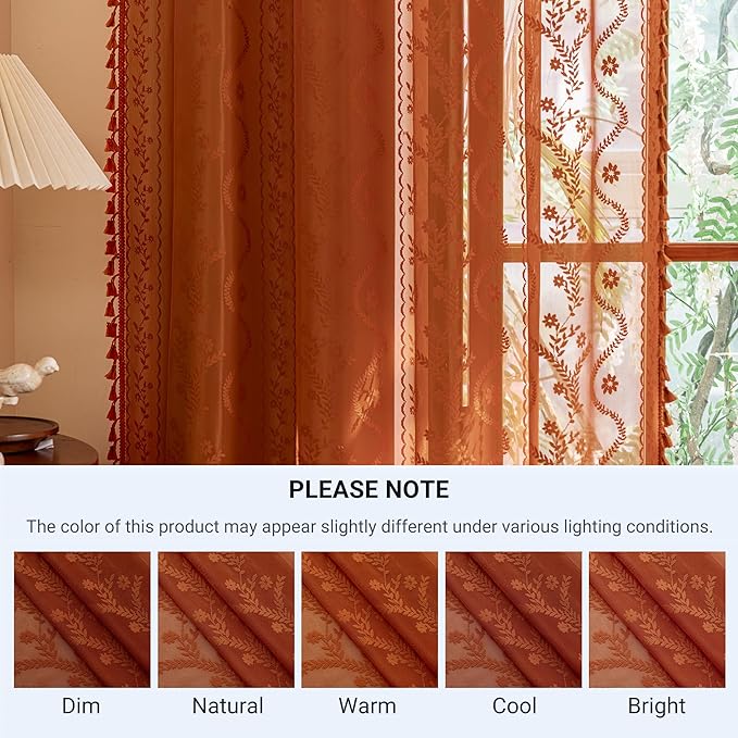 WAZZIO Boho Lace Curtains 80 Inch 2 Panels-Vintage Sheer Panel Drape Floral Pattern & Tassel Light Filtering Privacy for Bedroom Dining Living Room,Cottage Earthy Full Decor Terracotta,W52 x 80L