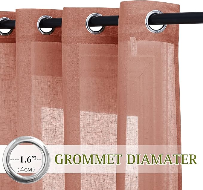 NICETOWN Linen Semi Sheer Curtains, Grommet Top Rustic Farmhouse Linen Curtains & Drapes Privacy with Light Through Drapes for Bedroom/Home Office, Terracotta=Burnt Orange, W52 x L96, 1 Pair