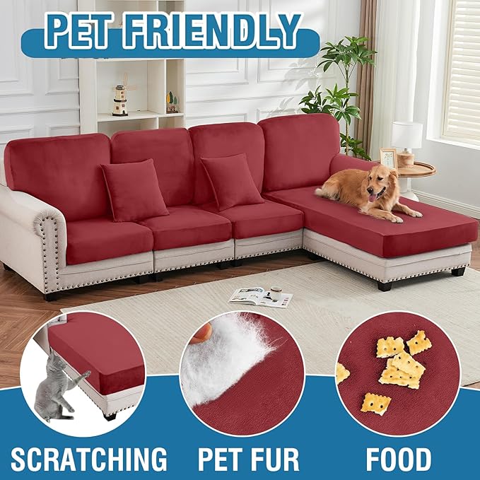 Couch Cover Stretch Velvet Sofa Cushion Cover 2-Piece - Elastic Washable Slipcover for Seat or Backrest, Couch Seat Covers for Sofas (Christmas Red)