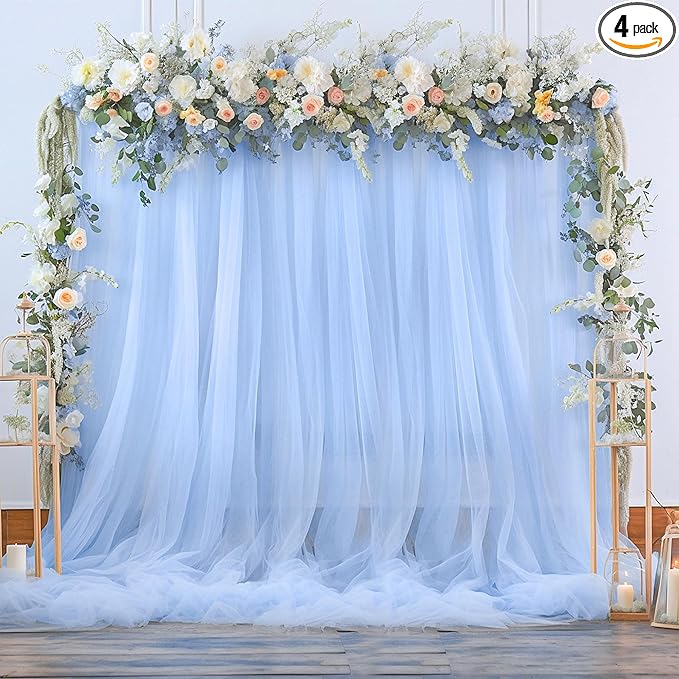 20ft x 12ft Baby Blue Tulle Backdrop Curtain for Baby Shower Party Sheer Fabric Backdrop Curtains for Boy Birthday Gender Reveal Back Drop Wedding Photo Backdrop Drapes Background 4 Panels 5ft x 12ft
