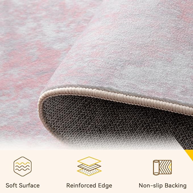 Washable Area Rugs 2'x6' Non-Slip Modern Abstract Soft for Living Room Entryway Bedroom Nursery, Print Pattern, Grey Pink