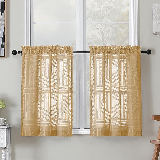 Simplebrand Semi Sheer Gold Curtains 30 Inch Length 2 Panels, Geometric Jacquard Clip Textured Short Sheer Curtains for Bedroom，Modern Elegant Window Curtains Panels/Drapes/Treatment, 30x30 inch