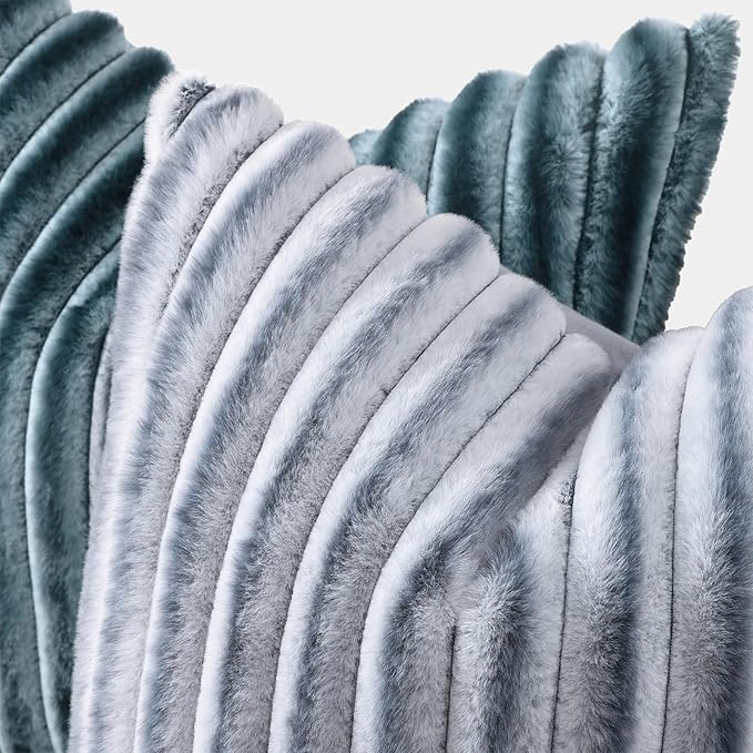 decorUhome Cozy Faux Fur Throw Pillow Covers 24x24 Set of 2 Decorative Soft Plush Striped Modern Farmhouse Boho Couch Euro Sham Pillow Cases with Velvet Back for Sofa Bed Living Room, Blue Grey