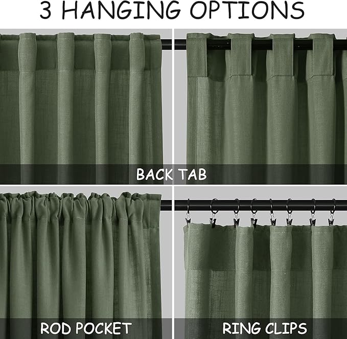 Nanspring Short Linen Cafe Curtains 36 Inch Length for Kitchen Windows Over Sink Olive Green Semi Sheer Curtains Back Tab Rod Pocket Sheer for Cafe Basement Small Windows 36x36 Inches, 2 Panels