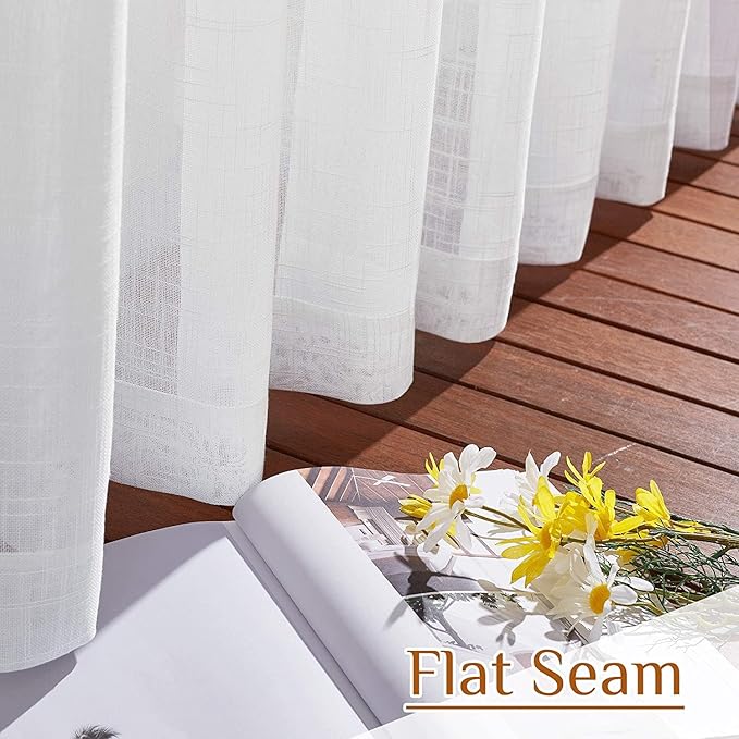 NICETOWN White Faux Linen Semi Sheer Curtains 63 inch Length for Bedroom, Rod Pocket & Back Tab Window Treatments Privacy with Light Filter Farmhouse Sheer Drapes for Living Room, 52" Width, 1 Pair