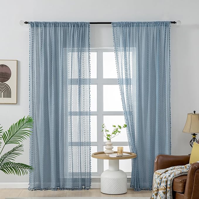 WAZZIO Boho Lace Curtains 84 Inches 2 Panel,Light Filtering Privacy Tassel & Geometry Crochet Semi Sheer Curtain Drapes for Bedroom Living Dining Room,Rod Pocket & Tassel,Light Slate Blue