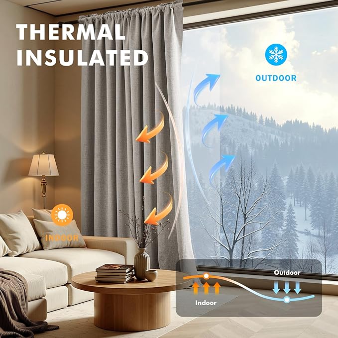 MIULEE 100% Blackout Linen Curtains for Bedroom,Greige Solid Luxury Decor Thermal Insulation Room Darkening Drapes for Living Room Nursery Back Tab Rod Pocket 42 x 96 Inches, 2 Panels