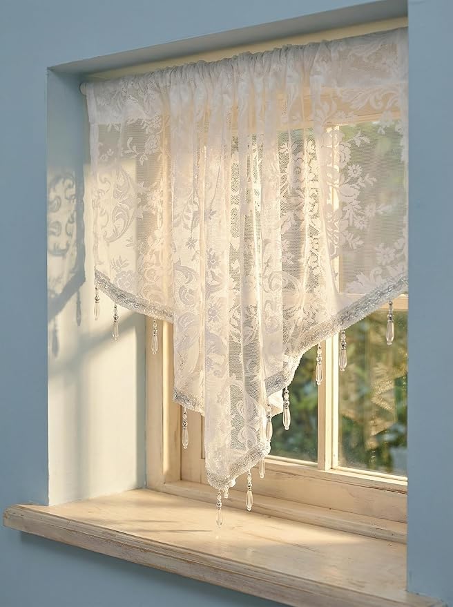 Molaxhome Swag Curtain 51 inch Length Rod Pocket Scalloped Curtain Valance Sheer Lace Panels with Hanging Crystal Beads for Kitchen Bedroom Window Treatments Drape Decor 1pc (Lace White, 51Wx23L)