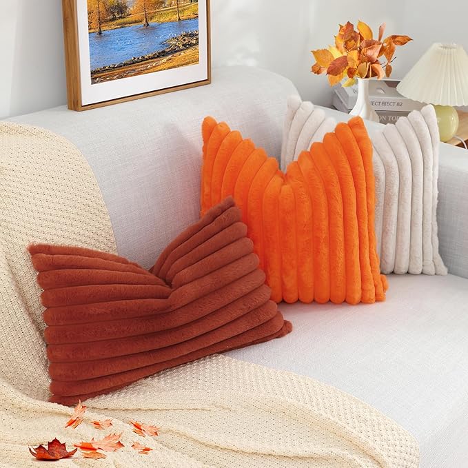 decorUhome Cozy Faux Fur Throw Pillow Covers 12x20 Set of 2 Decorative Soft Plush Striped Lumbar Modern Farmhouse Boho Couch Pillow Cases with Velvet Back for Sofa Bed Living Room, Rust
