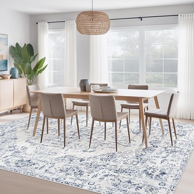 8x10 Area Rugs for Living Room: Washable Rug Vintage Large Rugs Soft Non Slip Low Pile Rug Floral Distressed Floor Carpet for Bedroom Kitchen Nursery Dining Room Home Office (Blue, 8'x10')