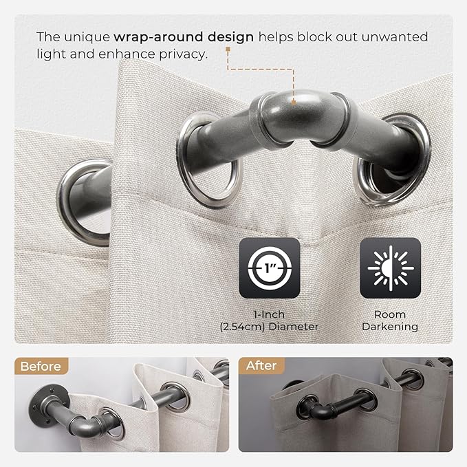 Zeerobee Curtain Rods for Windows 66 to 120, 1 Inch Industrial Wrap Around Grey Curtain Rod, Indoor/Outdoor Room Divider Adjustable Drapery Pole, 66"-120"