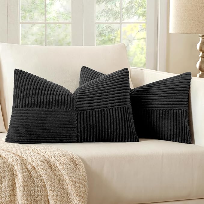MIULEE Black Decorative Lumbar Throw Pillow Covers 12x20 Inch for Couch Bed Sofa Pack of 2 Boho Farmhouse Throw Pillows Soft Cross Corduroy Patchwork Textured Cushion Cases